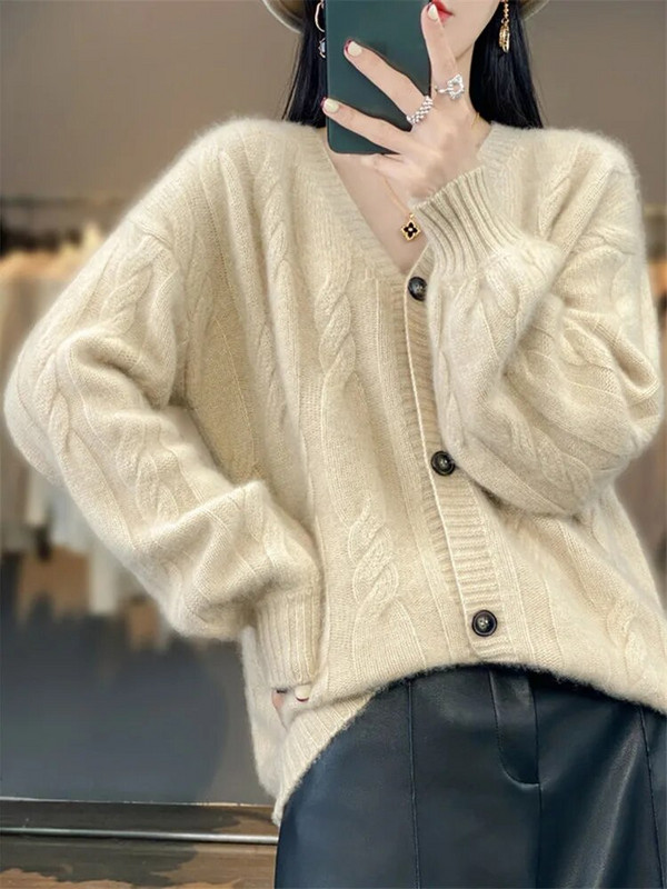 Sieviešu trikotāžas jaciņa pavasaris rudens jauns vienkrāsains V-veida kakla izgriezums, mētelis ar garām piedurknēm, vienrindas, brīvs, vienkāršs sieviešu apģērbs ZM650