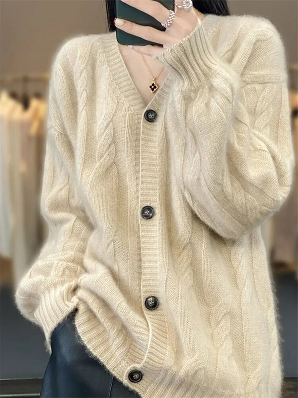 Sieviešu trikotāžas jaciņa pavasaris rudens jauns vienkrāsains V-veida kakla izgriezums, mētelis ar garām piedurknēm, vienrindas, brīvs, vienkāršs sieviešu apģērbs ZM650