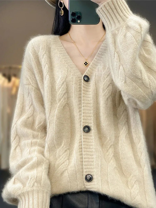 Sieviešu trikotāžas jaciņa pavasaris rudens jauns vienkrāsains V-veida kakla izgriezums, mētelis ar garām piedurknēm, vienrindas, brīvs, vienkāršs sieviešu apģērbs ZM650