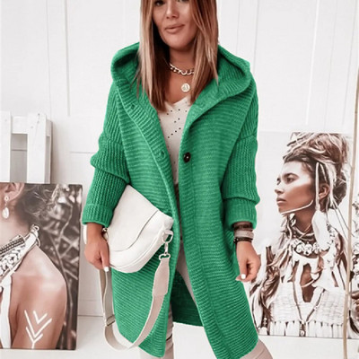 Cardigan cu glugă pentru femei Tricoturi largi, roșu, modă coreeană, epocă, lungă, de culoare solidă, verde, haine de iarnă, roz, negru, pulover cauzal