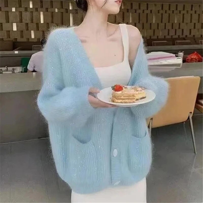 Naiste kampsun kardigan kevadsügis Täisvärviline V-kaelusega pikkade varrukatega üherealine ülaosa lahtised naisterõivad