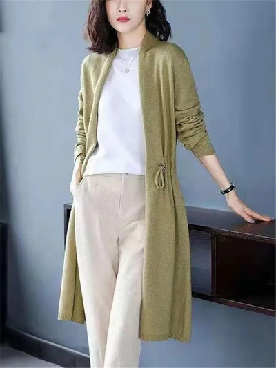 Kabát Női tavaszi őszi egyszínű, közepes hosszúságú pulóver Kardigán V-nyakú, hosszú ujjú derék bő, alkalmi női ruházat 518