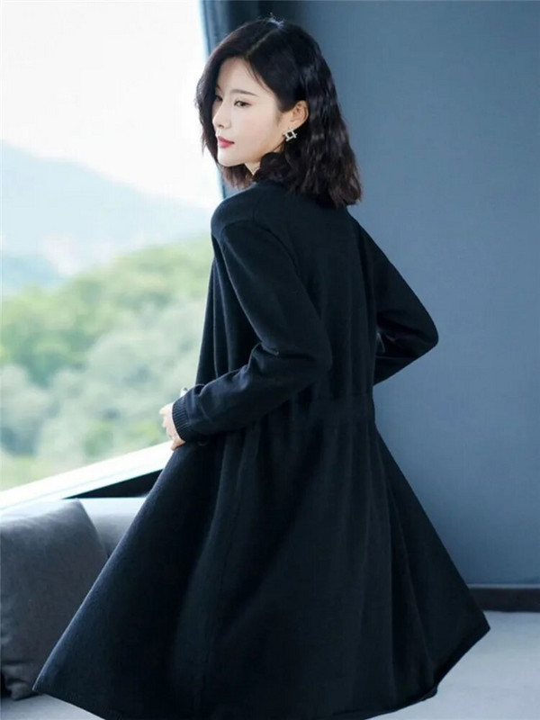 Kabát Női tavaszi őszi egyszínű, közepes hosszúságú pulóver Kardigán V-nyakú, hosszú ujjú derék bő, alkalmi női ruházat 518