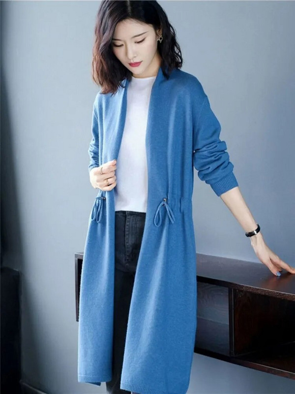 Kabát Női tavaszi őszi egyszínű, közepes hosszúságú pulóver Kardigán V-nyakú, hosszú ujjú derék bő, alkalmi női ruházat 518