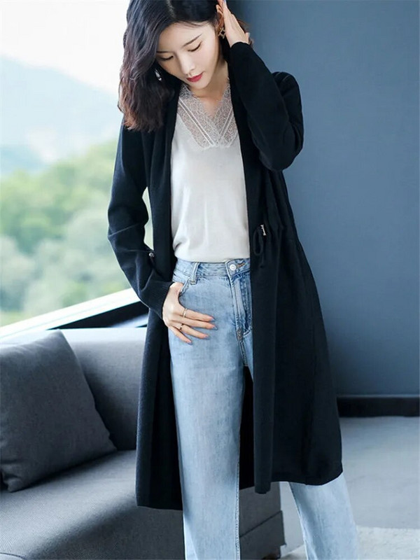 Kabát Női tavaszi őszi egyszínű, közepes hosszúságú pulóver Kardigán V-nyakú, hosszú ujjú derék bő, alkalmi női ruházat 518