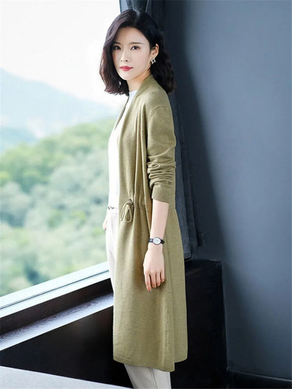 Kabát Női tavaszi őszi egyszínű, közepes hosszúságú pulóver Kardigán V-nyakú, hosszú ujjú derék bő, alkalmi női ruházat 518