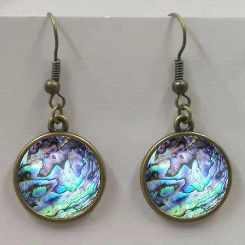 Apaļa stikla apvalka pērļgliemene raksta apaļa stikla kulonu auskari, auskari rotaslietas vairumtirdzniecība