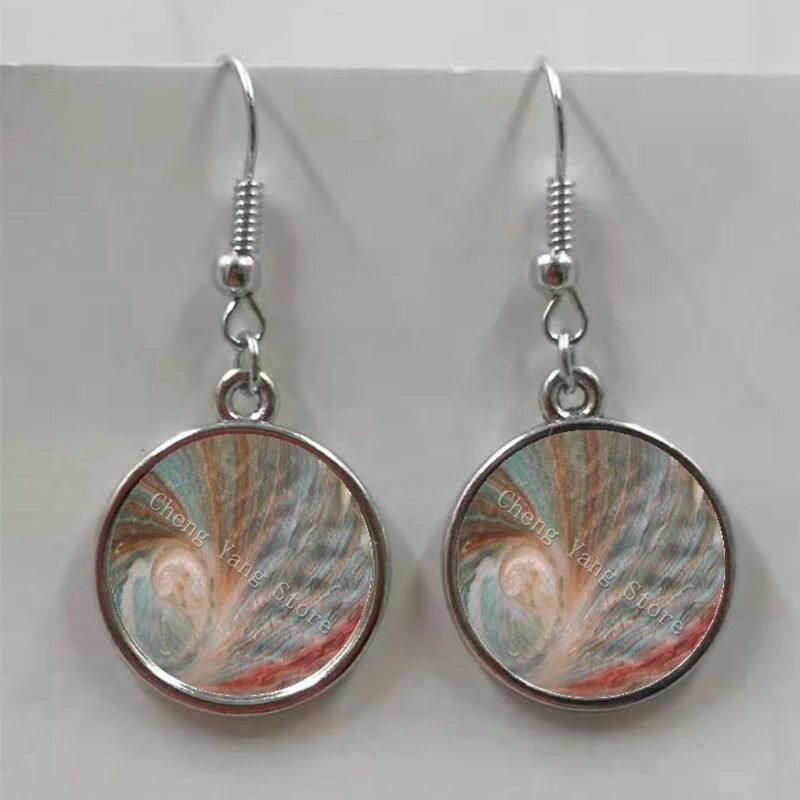 Apaļa stikla apvalka pērļgliemene raksta apaļa stikla kulonu auskari, auskari rotaslietas vairumtirdzniecība