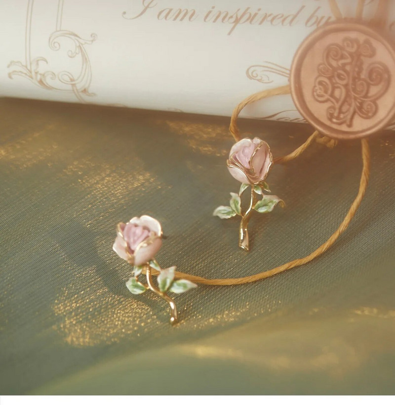 Jauni vintage rozā rožu ziedu auskari sievietēm Maiga temperamenta literāri ziedu auskari Modes rotaslietas aksesuāri