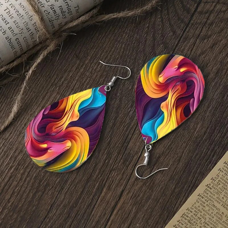 1 Pāris Bohēmijas modes stils PU ādas pilienveida auskari Akvareļu apdruka Vīriešu un sieviešu ikdienas valkāšanai ausu rotaslietas Radošas pers.