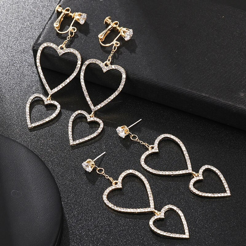 Pārspīlēta modes doba kristāla sirds klips uz auskariem, gari eleganti, necaurdurti auskaru saspraudes Juvelierizstrādājumu aksesuāri sievietēm, meitenēm