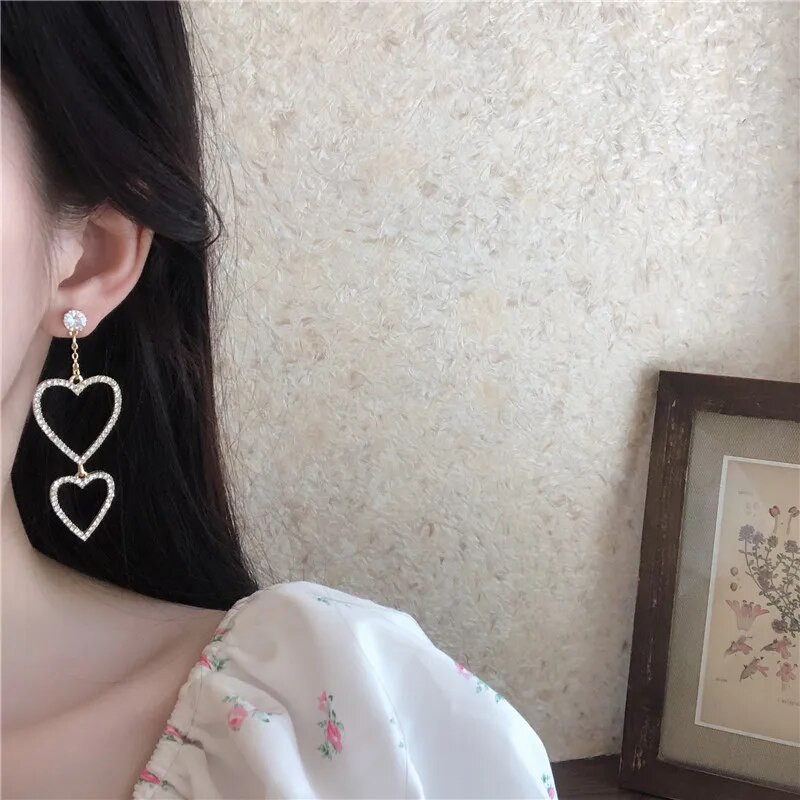 Pārspīlēta modes doba kristāla sirds klips uz auskariem, gari eleganti, necaurdurti auskaru saspraudes Juvelierizstrādājumu aksesuāri sievietēm, meitenēm