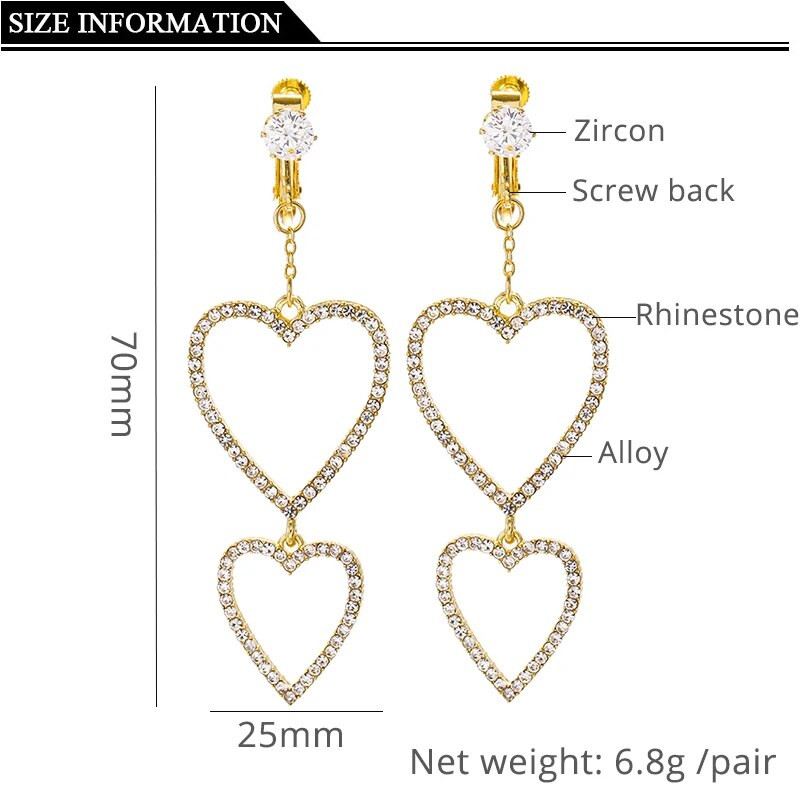 Pārspīlēta modes doba kristāla sirds klips uz auskariem, gari eleganti, necaurdurti auskaru saspraudes Juvelierizstrādājumu aksesuāri sievietēm, meitenēm