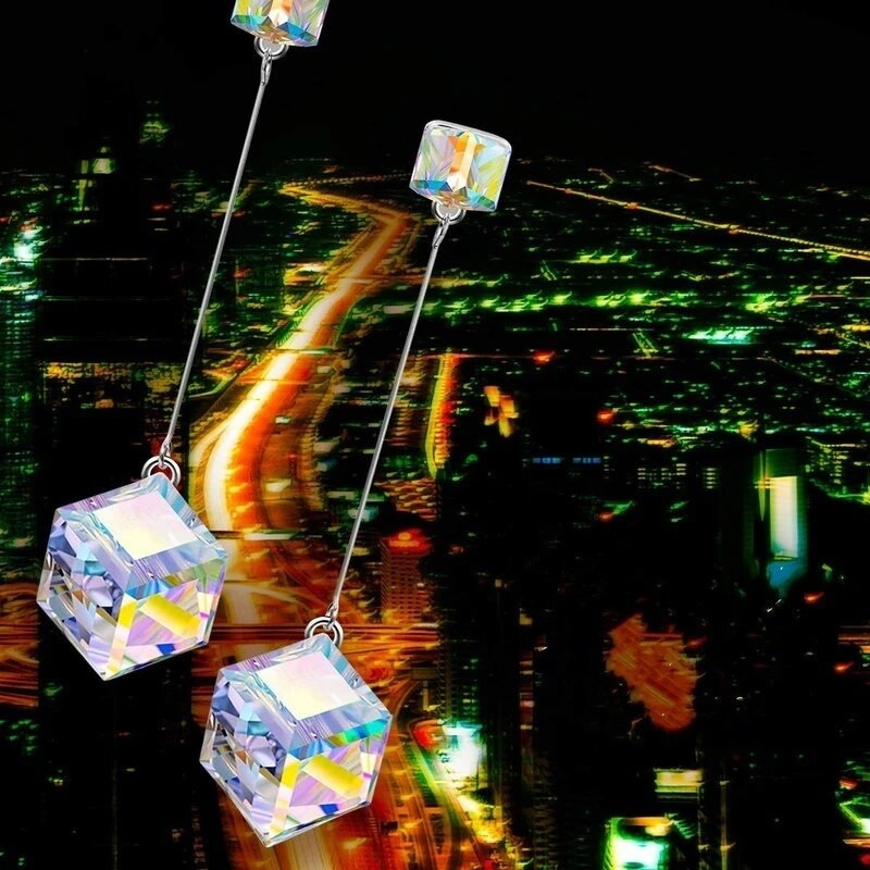 Mīlestības burvība Kvadrāts Drop Dangle Auskari Aurora Borealis kristāla auskari sievietei modes šarms kāzu rotaslietas dāvana