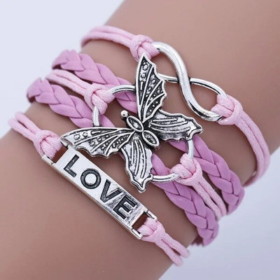 Vintage rokām darināta daudzslāņu ādas rokassprādze ar mīlestības un tauriņa burtiem vīriešiem un sievietēm (krāsa: daudzkrāsains)