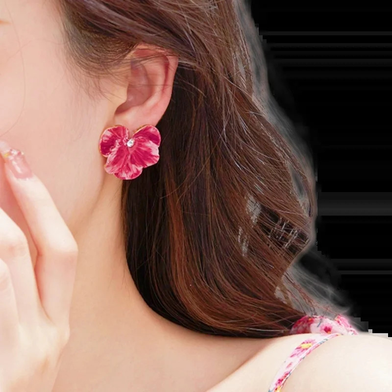 Korea moevärvilised emailitud lilledega kõrvarõngad naistele aksessuaarid tumeroosa tilkkõrvarõngas Vintage Pendientes Mariage kõrvarõngad