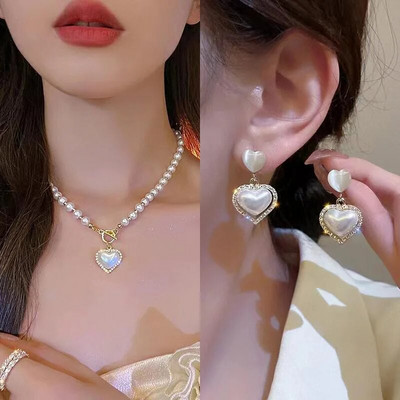 Luksusa sirds pērļu kulonu kaklarotas sievietēm Eleganta šarms Franču romantiska atslēgas kaula ķēde jubilejas dāvanu apkakles Para Mujer