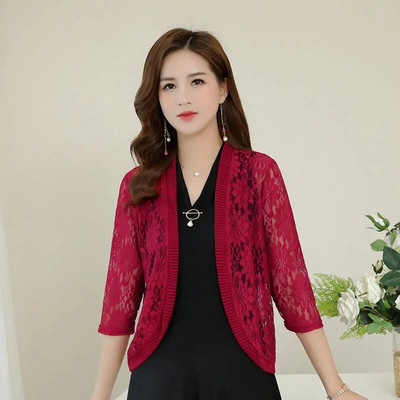 Γυναικεία ζακέτα δαντέλα Καλοκαιρινό λεπτό παλτό με μισό μανίκι Κομψό δικτυωτό πλέγμα με βελονάκι Μπλούζα Top λεπτά ρούχα