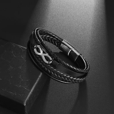 Vintage ar rokām austa reljefa ādas rokassprādze bezgalības simbola rokassprādze ar metāla magnētisko aizdari vīriešu rotaslietas Tēva dienas dāvana