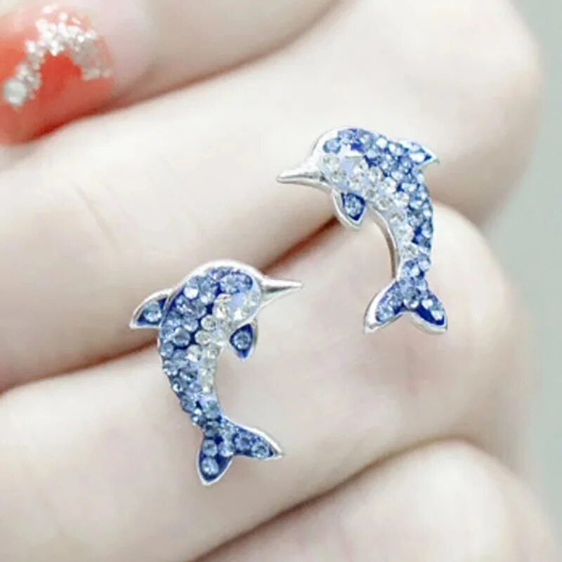 Naujo prabangaus dizaino mėlyni krištoliniai delfinų auskarai, skirti moterims mergaičių sužadėtuvių gimtadienio jubiliejaus dovanoms estetiniai papuošalai