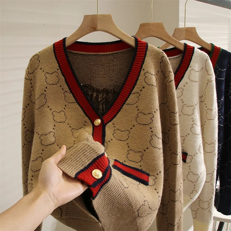 2022. aasta sügisene pikk kampsun Korea üherealine kootud magus multikas karu kootud jakk Naiste ülisuur kampsun