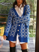 Lielizmēra sieviešu rūtains, brīvs adīšanas jaciņš sievietēm ar garām piedurknēm rudens ziemas kabatas modes sieviešu džemperi 2023