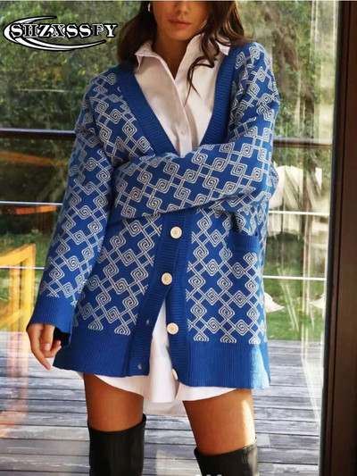 Lielizmēra sieviešu rūtains, brīvs adīšanas jaciņš sievietēm ar garām piedurknēm rudens ziemas kabatas modes sieviešu džemperi 2023