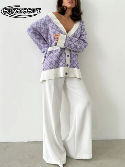 Lielizmēra sieviešu rūtains, brīvs adīšanas jaciņš sievietēm ar garām piedurknēm rudens ziemas kabatas modes sieviešu džemperi 2023