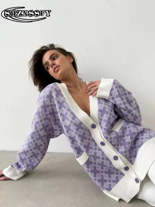 Lielizmēra sieviešu rūtains, brīvs adīšanas jaciņš sievietēm ar garām piedurknēm rudens ziemas kabatas modes sieviešu džemperi 2023