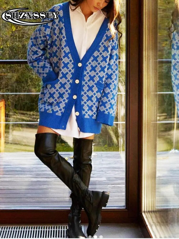 Lielizmēra sieviešu rūtains, brīvs adīšanas jaciņš sievietēm ar garām piedurknēm rudens ziemas kabatas modes sieviešu džemperi 2023