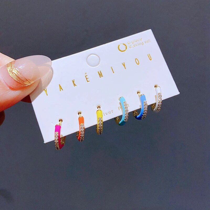Naujo dizaino 6 vnt. daugiaspalviai CZ Crystal Huggie Hoop auskarų rinkinys Madingi moteriški vakarėlių papuošalai
