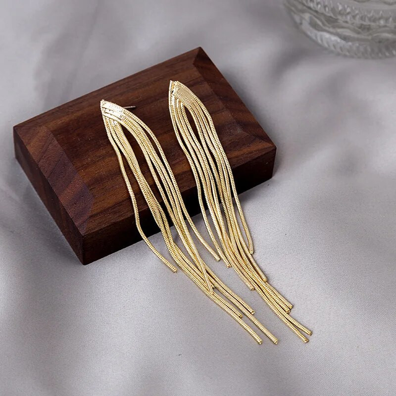 Κορεατική μόδα χρυσό χρώμα μπάρα με μακριά κλωστή με φούντα σκουλαρίκια για γυναίκες Γυαλιστερό γεωμετρικό σκουλαρίκι Δώρο κοσμήματος γάμου