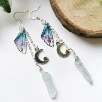 Σκουλαρίκια Moon Fairy Crystal, Moon Star Earrings, Quartz Crystal Earrings, Butterfly Wing Earrings, Long Chain Crystal Earrings