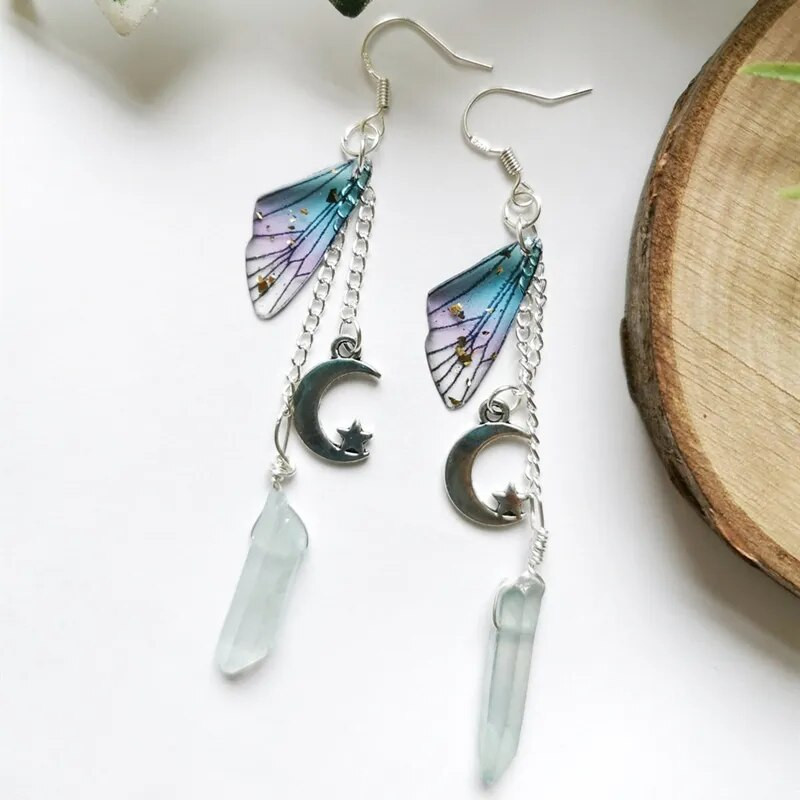 Mēness pasaku kristāla auskari, Mēness zvaigznes auskari, kvarca kristāla auskari, tauriņa spārnu auskari, garas ķēdes kristāla auskari