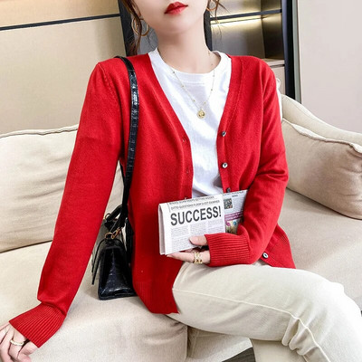 Tavaszi őszi női kardigánok, laza, tömör, egysoros V-nyakú, rózsaszínű piros pulóverek divatos koreai kardigán pulóverek kötöttáru 2023