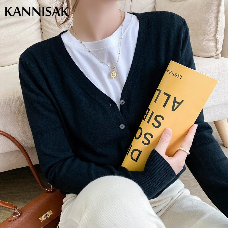 Tavaszi őszi női kardigánok, laza, tömör, egysoros V-nyakú, rózsaszínű piros pulóverek divatos koreai kardigán pulóverek kötöttáru 2023