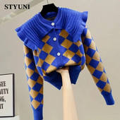 Peter Pen Collar Patchwork Argyle Vinatge akrila trikotāžas sieviešu jaka ar garām piedurknēm, vienrindas sieviešu ziemas džemperi