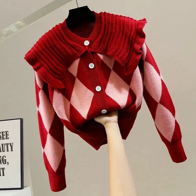 Peter Pen Collar Patchwork Argyle Vinatge akrila trikotāžas sieviešu jaka ar garām piedurknēm, vienrindas sieviešu ziemas džemperi