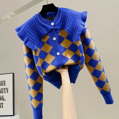 Peter Pen Collar Patchwork Argyle Vinatge akrila trikotāžas sieviešu jaka ar garām piedurknēm, vienrindas sieviešu ziemas džemperi
