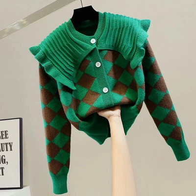 Peter Pen Collar Patchwork Argyle Vinatge akrila trikotāžas sieviešu jaka ar garām piedurknēm, vienrindas sieviešu ziemas džemperi