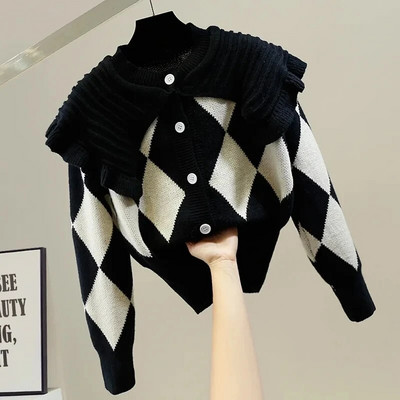 Peter Pen Collar Patchwork Argyle Vinatge akrila trikotāžas sieviešu jaka ar garām piedurknēm, vienrindas sieviešu ziemas džemperi
