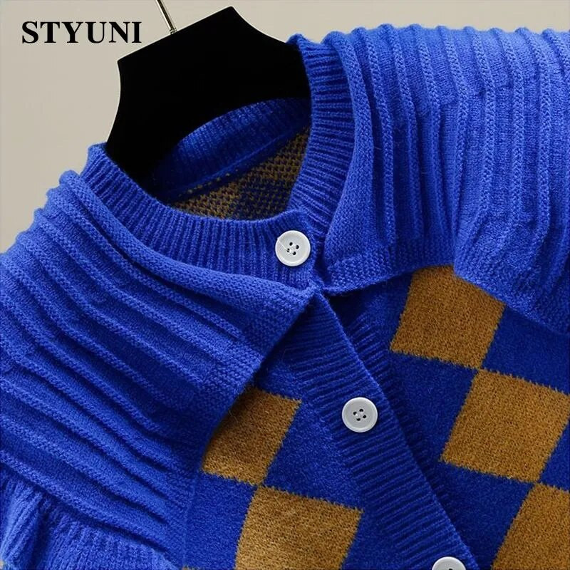 Peter Pen Collar Patchwork Argyle Vinatge akrila trikotāžas sieviešu jaka ar garām piedurknēm, vienrindas sieviešu ziemas džemperi