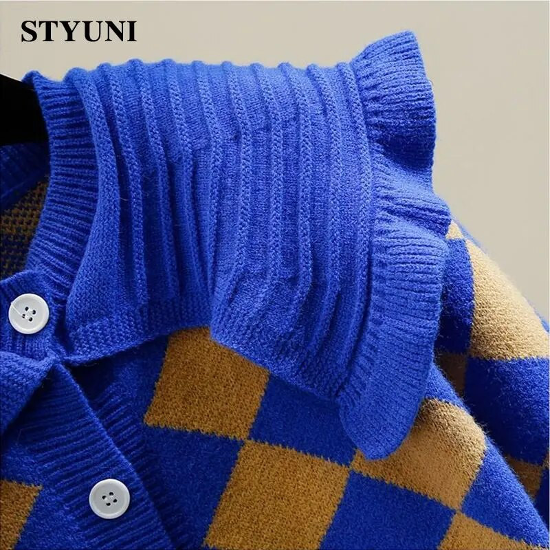 Peter Pen Collar Patchwork Argyle Vinatge akrila trikotāžas sieviešu jaka ar garām piedurknēm, vienrindas sieviešu ziemas džemperi