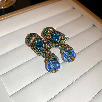 Средновековни ретро обеци със син кристал със щипка за обеци за жени, френски ретро, леки, луксозни парти бижута