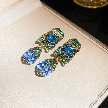 Μεσαιωνικά Vintage Rhinestone Blue Crystal Στρογγυλά σκουλαρίκια με κλιπ για γυναίκες Γαλλικά ρετρό ελαφριά πολυτελή κοσμήματα για πάρτι