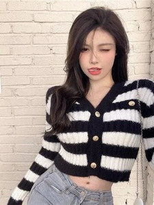 Triibuline kardigan, naiste V-kaelus, kärbitud seksikas daam, vabaaja riietus Trendikas Korea mood Elegantne Õrn õhuke Кардиган Женский