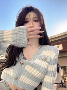 Triibuline kardigan, naiste V-kaelus, kärbitud seksikas daam, vabaaja riietus Trendikas Korea mood Elegantne Õrn õhuke Кардиган Женский