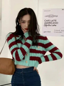 Triibuline kardigan, naiste V-kaelus, kärbitud seksikas daam, vabaaja riietus Trendikas Korea mood Elegantne Õrn õhuke Кардиган Женский