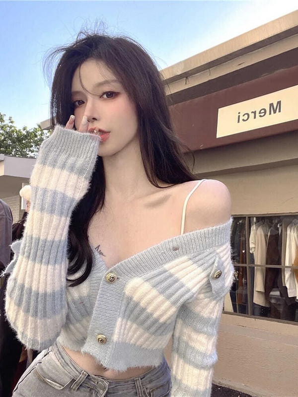 Triibuline kardigan, naiste V-kaelus, kärbitud seksikas daam, vabaaja riietus Trendikas Korea mood Elegantne Õrn õhuke Кардиган Женский