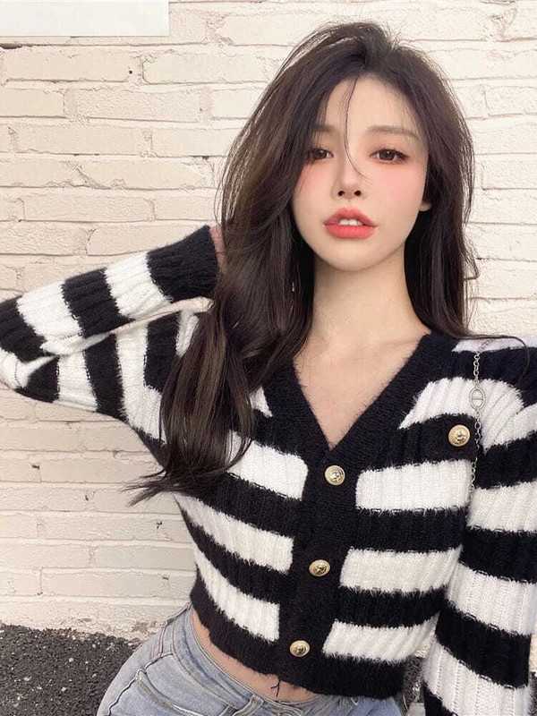 Triibuline kardigan, naiste V-kaelus, kärbitud seksikas daam, vabaaja riietus Trendikas Korea mood Elegantne Õrn õhuke Кардиган Женский